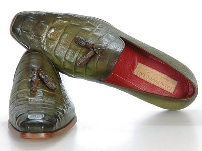 Paul Parkman Men's Green Crocodile Embossed Calfskin Tassel Loafer (ID#PP2281-GREEN)