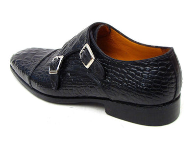 Paul Parkman Men's Double Monkstraps Black Crocodile Embossed Calfskin (ID#045BK41)