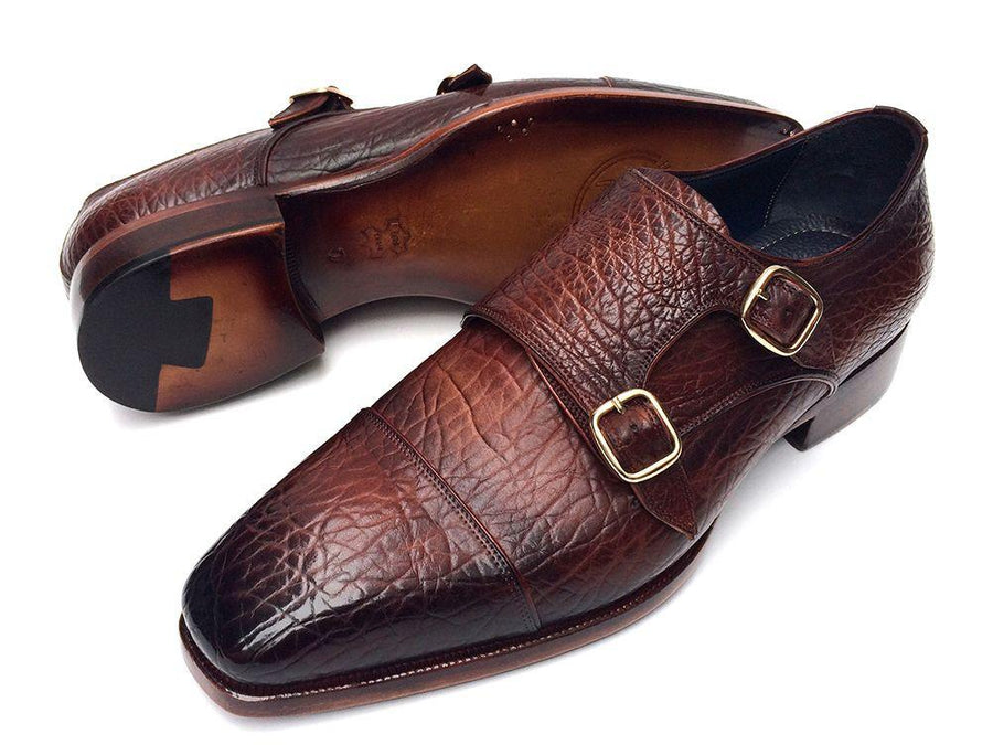 Paul Parkman Men's Double Monkstraps Brown Leather Upper & Leather Sole (ID#BG12-BRW)