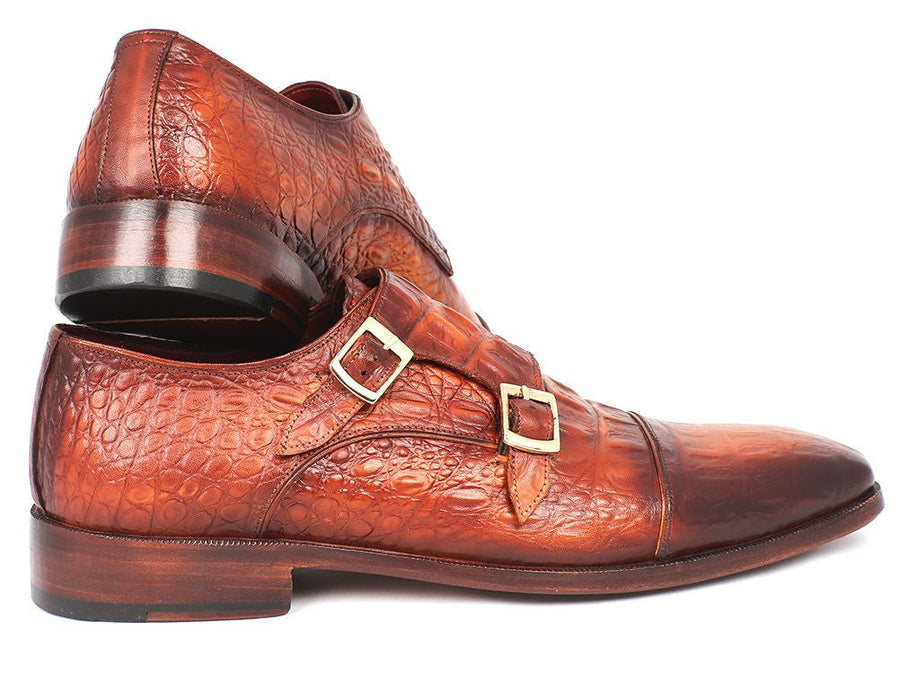 Paul Parkman Men's Double Monkstrap Brown Crocodile Embossed Calfskin (ID#PP2280)