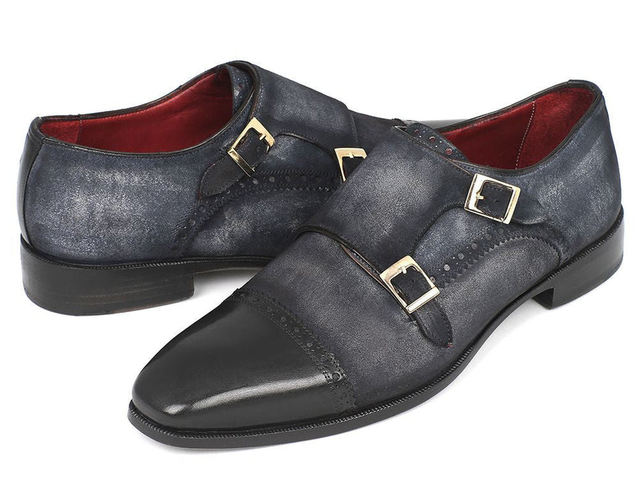 Paul Parkman Men's Captoe Double Monkstraps Navy Suede (ID#FK77W)