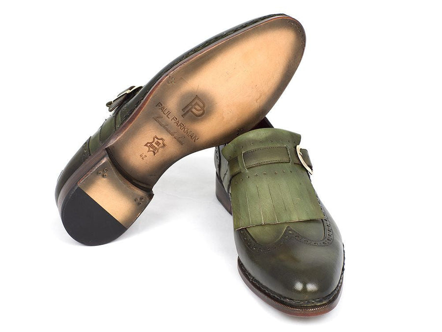 Paul Parkman Men's Wingtip Monkstrap Brogues Green Hand-Painted Leather Upper With Double Leather Sole (ID#060-GREEN)