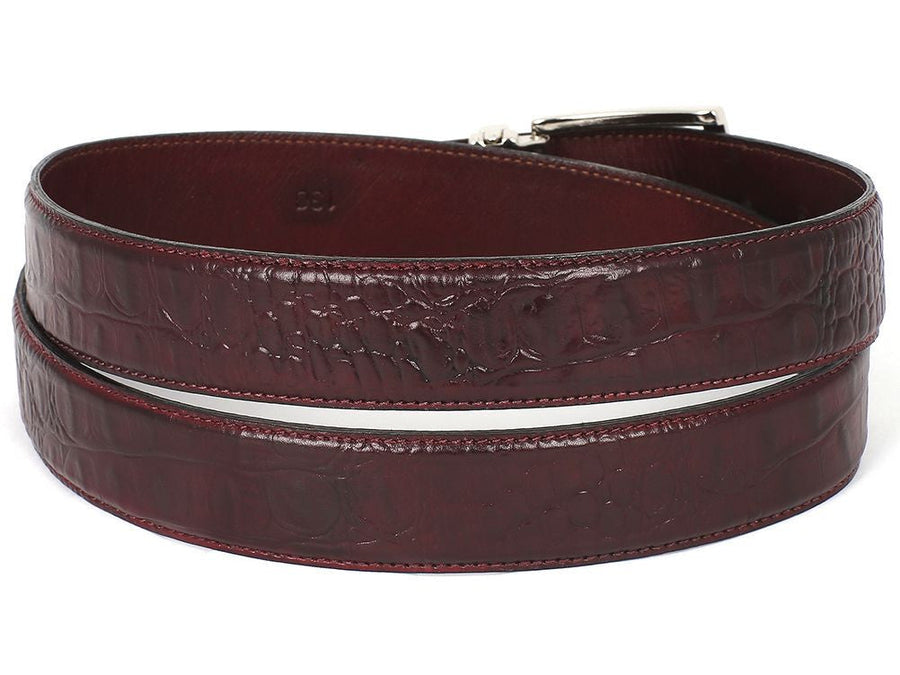 PAUL PARKMAN Men's Croc Embossed Calfskin Belt Dark Bordeaux (ID#B02-DBRD)