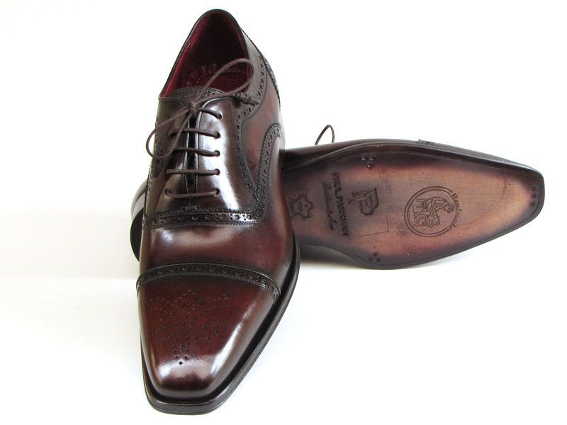 Paul Parkman Men's Captoe Oxfords Bordeaux & Brown Hand-Painted (ID#024-BRWBRD)