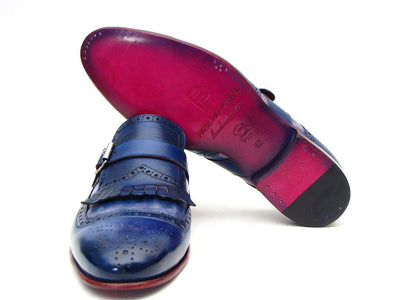 Paul Parkman Kiltie Monkstrap Shoes Dual Tone Blue Leather (ID#12BL78)