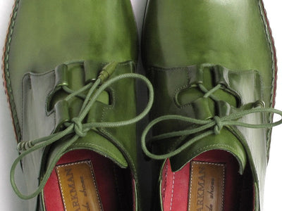 Paul Parkman Men's Ghillie Lacing Side Handsewn Dress Shoes - Green Leather Upper and Leather Sole (ID#022-GREEN)