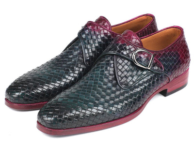 Paul Parkman Purple & Green Woven Leather Single Monkstraps (ID#011WN28)