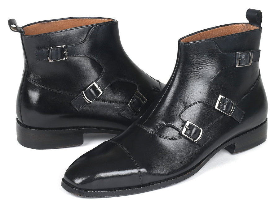 Paul Parkman Triple Monkstrap Boots Black Leather (ID#88951-BLK)
