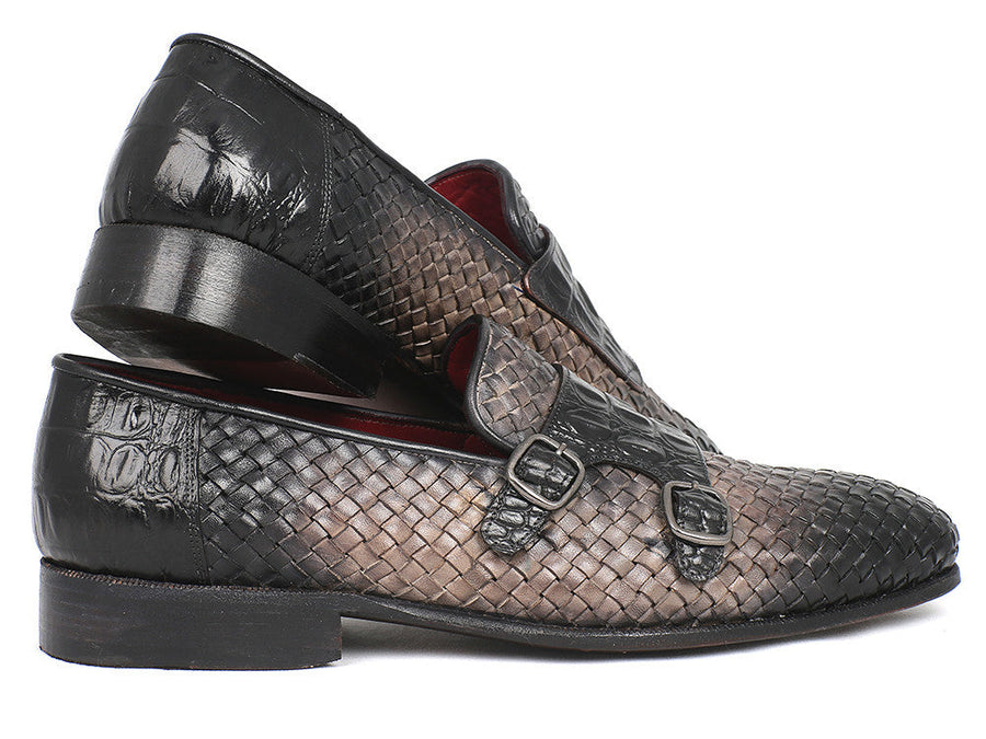 Paul Parkman Gray Woven & Croc Embossed Monkstraps (ID#HK588-GRY)