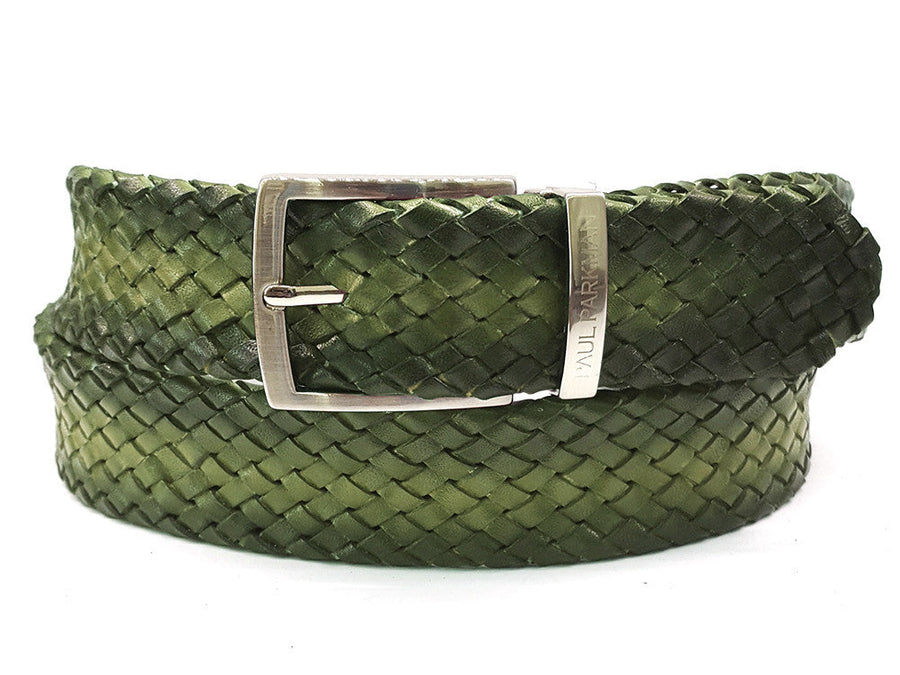 PAUL PARKMAN Men's Woven Leather Belt Green (ID#B07-GREEN)